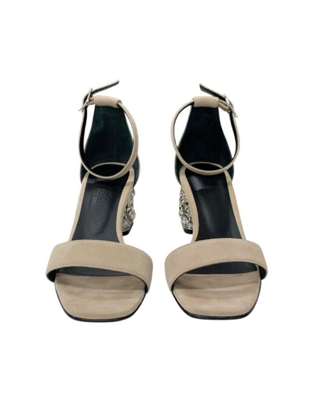 Hermes Gram 60 Sandals Shoes Suede Beige Silver Chaine D'ancre Metal Heel Strap - Picture 3 of 11
